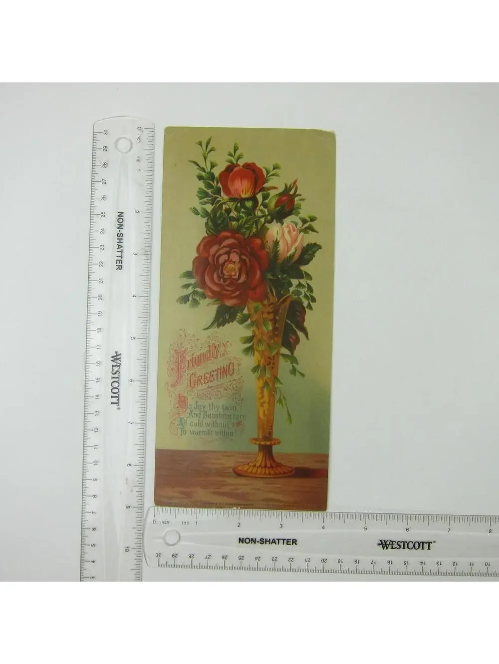 Victorian Greeting Card LARGE Red Flowers Pink Rose in Gold Vase Antique 1881